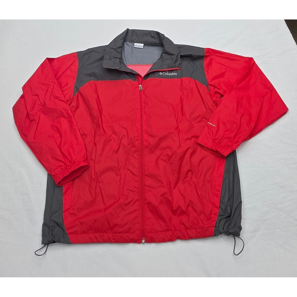 Columbia Omni-Shield Windbreaker Jacket Mens XL Red Grey Stowaway Hood Full Zip